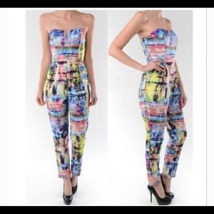 Mustard Seed Digital Print Strapless Jumpsuit Neon